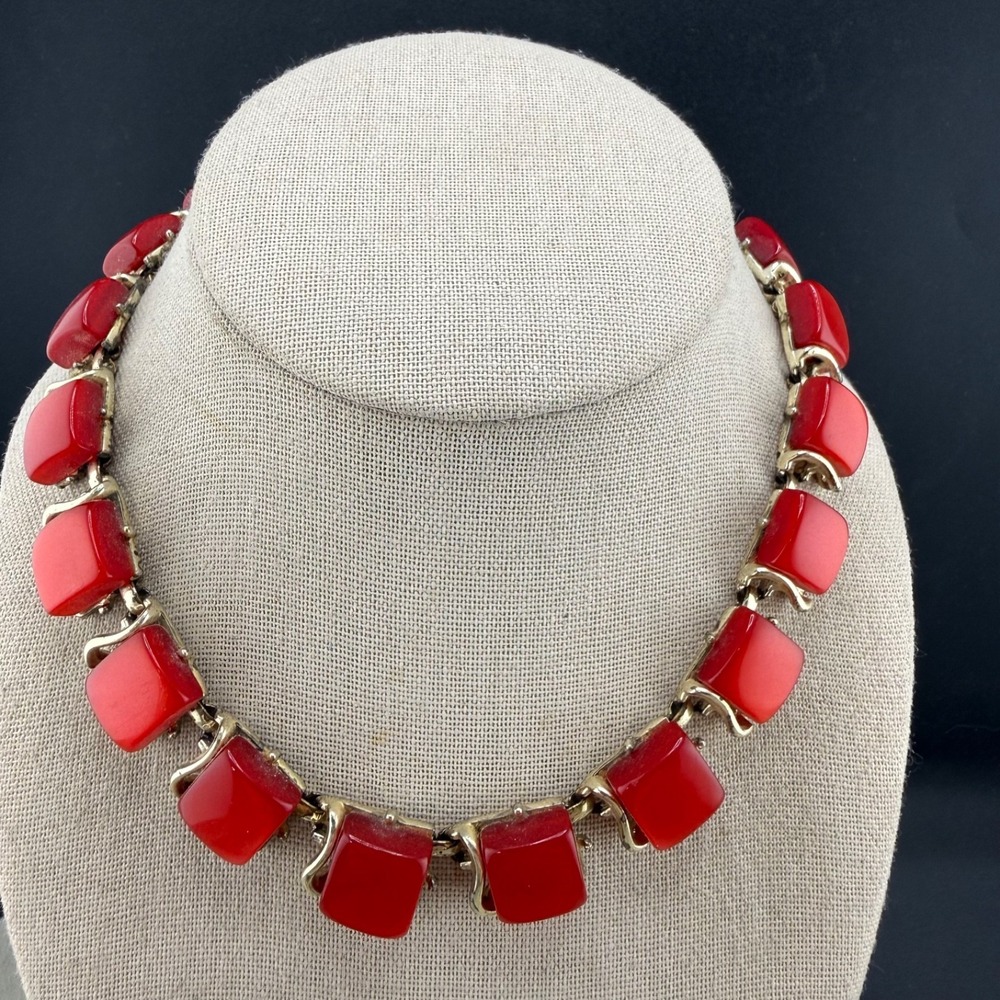 Vintage Coro Thermoset Necklace Gold Tone Red Adjustable Signed 16"